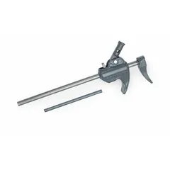 This steel tire spreader uses a ratchet mechanism to open tire beads for inspection, repair, or retreading. It adjusts from a minimum spread of 3-1/2 inches to a maximum of 14 inches, allowing controlled access to the inner liner and sidewall without removing the tire from the rim.