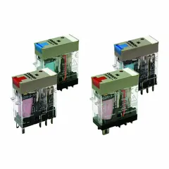 Socket-mounted relay with square base and plug-in connection. Features a 24V AC coil, DPDT contact configuration, and 8 terminals. Suitable for general-purpose switching in control panels and automation systems.