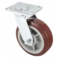 Plate caster designed for use with a conduit cart. Supports material handling of panels, bars, pipes, and bucket truck components in industrial and construction settings.