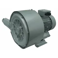 This 3.42 hp 2-stage regenerative blower provides a maximum operating pressure of 171.5 in wc and a maximum vacuum of 140 in wc. It is driven by a three-phase 230/460V AC motor drawing 10.4/5.85 A and features female NPT connections. Typical applications include pneumatic conveying, wastewater aeration, and vacuum packaging.