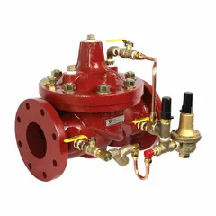 This automatic control pressure regulator features a ductile iron body and NPT connections. It operates within a pressure range of 30 psi to 300 psi. Used to reduce and stabilize downstream water pressure in commercial and industrial piping systems, including water distribution and process control networks.