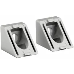 This 45° corner support is designed for 30 Series aluminum framing systems. It is made of powder-coated aluminum and fits an 8 mm slot width. The support measures 37 mm x 30 mm x 30 mm and is sold in a pack of 2. It is used to create rigid 45° corner joints in structural framing applications such as machine guards, workstations, and industrial enclosures.