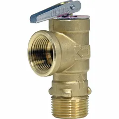 This ASME Section IV temperature and pressure relief valve is constructed with a copper silicon alloy body. It features a 3/4 in male NPT inlet and a 3/4 in female NPT outlet. Used as a safety device on hot water heating boilers and storage tanks to automatically relieve excess temperature or pressure.