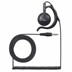 Wired listen-only earpiece with ear hook design and single-pin connector. Compatible with ICOM F52D and F62D series radios. No push-to-talk capability. Black finish.