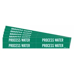 Green adhesive pipe marker with white 'Process Water' legend, designed for pipe outer diameters from 3/4 to 2-3/8 inches. Each pack contains 4 markers without arrows, suitable for identifying process water lines in industrial piping systems.