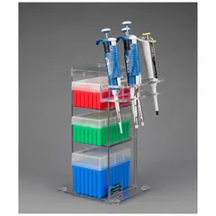Clear PETG lab organizer with three compartments for storing pipette tips on a benchtop. Overall dimensions: 6 3/4 in width, 12 1/4 in height. Suitable for organizing tips in research, clinical, or educational laboratory settings.