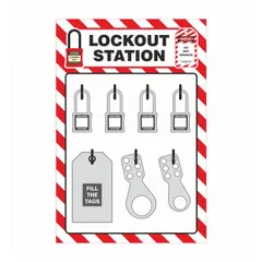 This ZING lockout station is an unfilled, wall-mounted aluminum board with an open front. It includes a shadow board to organize lockout devices, suitable for small stations holding 1 to 20 devices. Used in industrial facilities to support lockout/tagout procedures.