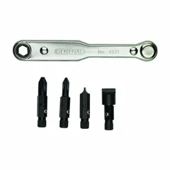 This 5-piece ratcheting offset screwdriver kit includes 4 bits with 4 tips. The offset, single-end design allows access to fasteners in confined spaces where a straight tool cannot reach. Suitable for driving screws in tight areas during assembly, repair, and maintenance tasks.