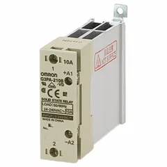 OMRON solid state relay with AC current type, 10 A input current, and screw electrical connection. Designed for combination DIN-rail and surface mounting, suitable for switching AC loads in industrial control panels.