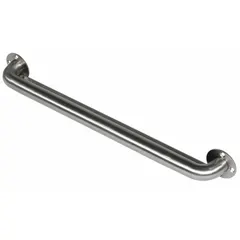 Straight stainless steel grab bar with satin finish, designed for institutional bathrooms. Supports up to 250 lb with a 1 1/2 in base diameter. Provides stability and fall prevention in accessible restrooms and healthcare settings.