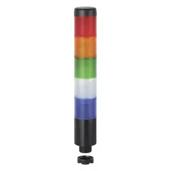 Five-tier tower light assembly with blue, green, red, white, and yellow light tiers. No sounder tier. Overall height 243 mm. Operating voltage 24V AC/DC. Provides visual status indication for industrial machinery and processes.