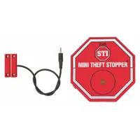 Red ABS wall-fixture guard for indoor cabinets, 3 1/2 in depth and length. Includes an integral alarm to deter theft and misuse. Surface-mounts on walls with provided hardware. Suitable for securing cabinet access in commercial or industrial settings