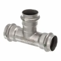 This press tee fitting is used to create a branch connection in potable water piping systems. It joins three 1 in CTS copper tube size lines, providing a junction for water supply networks. The fitting is made of stainless steel with a rubber seal and features a press connection for fast, consistent installation without soldering
