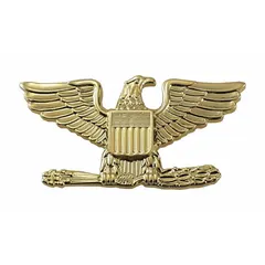 This metal insignia features a Colonel Eagle design in gold finish. It measures 1 inch and attaches via a pin and safety catch. Suitable for use on military or ceremonial uniforms to denote rank.