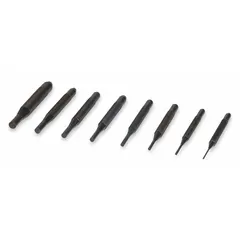 This 8-piece steel punch set features flat tips for removing drive pins in assembly and maintenance tasks. Tip diameters range from 1/16 to 5/16 in, with a 4 in overall length, designed for SAE applications. Suitable for driving out pins without damaging surrounding components in general industrial use.