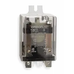 Surface-mounted power relay with side flange mounting and octal base. DPDT contact configuration rated for 10 A at 240V AC. Quick-connect terminals simplify wiring. Suitable for industrial control panels, HVAC systems, and automation equipment.