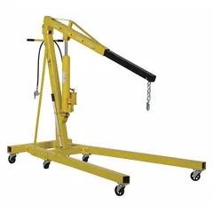 This steel-framed engine crane features a pneumatic lifting actuator and a 2-ton load capacity. It includes 4 boom positions and an 11-inch chain length, suited for lifting and positioning heavy engines in maintenance and repair settings.