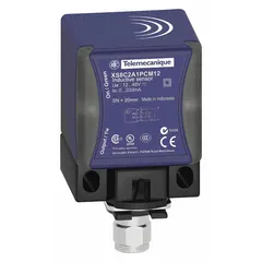 Shielded inductive rectangular proximity sensor with built-in connector and 3 wires. Operates on 12-48V DC supply voltage. Detects metallic objects without contact for position sensing, part detection, and machine control in industrial automation.