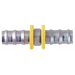This brass barbed hydraulic hose fitting features a male x male configuration with a Universal x Hose Barb connection. Designed for -10 hose dash size and 5/8 in hose I.D., it is used to connect hoses to ports or adapters in fluid power systems.