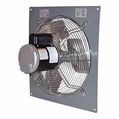 Standard direct-drive panel exhaust fan with a 20-inch galvanized steel blade and a 1/3 hp single-phase motor. Delivers airflow from 2,420 to 3,640 cfm at 115V AC. Features a powder-coated steel frame with intake guards and a totally enclosed air-over motor enclosure. Suitable for general ventilation in industrial and commercial facilities to remove heat, fumes, or odors.
