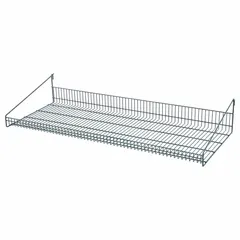 This steel shelf is designed for use with wire grid panels, providing a 50 lb load capacity. It features an epoxy-coated green finish and measures 47 1/4 inches wide by 19 3/8 inches deep by 7 3/4 inches high. Suitable for organizing tools, parts, or supplies in industrial storage, retail displays, or workshop environments.