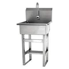 This one-station freestanding hand sink features a sensor-operated faucet with a 0.5 gpm flow rate. The bowl measures 20 in length and 9 in depth. AC powered. Side splash not included. Suitable for commercial restrooms, healthcare facilities, and foodservice areas requiring touch-free handwashing.