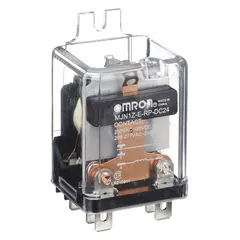 This OMRON MJN Series relay is a surface-mounted relay with side flange mounting and a square base. It features a 30 A current rating, operates on 24V DC, and has SPDT contact configuration. The relay uses quick-connect terminals for electrical connection and is suitable for industrial switching applications requiring resistive load switching up to 15 A at 600V AC.