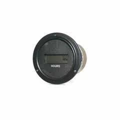 This TRUMETER hour meter is designed for front panel mounting with a round bezel face. It operates on 100 V AC to 500 V AC and features an LCD display with no reset function, suitable for tracking total operating hours of industrial equipment in control panels.