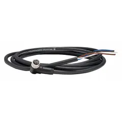 Single-ended cordset with a black PUR jacket, M8 female right-angle connector on one end and bare wire on the other. Features 4 pins, 18 AWG wire size, and 5 m cable length. Rated IP67. Suitable for connecting sensors in twisting applications requiring flexibility and resistance to oils and abrasion.