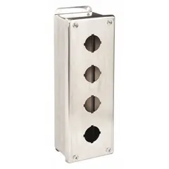 This enclosure accommodates up to four 30mm push button operators. Constructed from 304 stainless steel, it is rated NEMA 4X for washdown and corrosion resistance. Suitable for industrial environments requiring protection against moisture and corrosive substances.