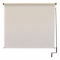 This right-side pole-and-crank-operated sun shade from the Regal Series features an 8 ft cream fabric with 90% UV protection. The bungee-and-hook tie-down system provides secure installation. Suitable for outdoor shading applications such as patios, decks, and pergolas.