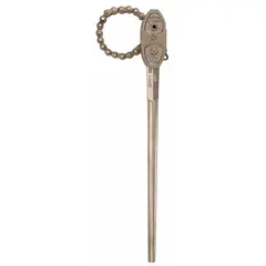 Double end nonsparking chain wrench for gripping and turning pipes, fittings, or round objects. Fits 2 1/2 in outside diameter. Chain length 19 in, handle length 27 in. Constructed from aluminum bronze and nickel aluminum bronze with natural finish.