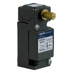 Rotary-motion limit switch without lever, part of the 9007C series. Plug-in type with metallic body style X, 1 normally open and 1 normally closed contact. Pretravel 10°, total travel 90°. No actuator included. Used for detecting rotational position in industrial automation applications such as conveyors and packaging machinery.