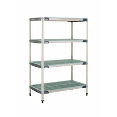 This stationary shelving unit features a 304 stainless steel frame and polymer shelves with antimicrobial resistance properties. It includes 4 shelves, with an overall height of 62 inches. Suitable for harsh environments where hygiene and corrosion resistance are required.