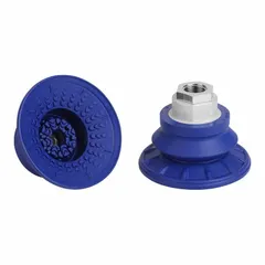 Bellows type vacuum pad assembly with 1.5 folds, G1/4 inch connection, and 67 mm pad diameter. Constructed from NBR material in blue with 60 A durometer. Suitable for handling sheet metal, glass, or plastic parts in automated pick-and-place operations.