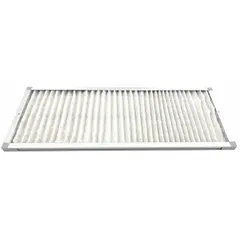 Fume hood filter with HEPA filtration and carbon media for capturing airborne particulates and chemical vapors. Overall height 12 in, overall width 43 1/4 in. Suitable for laboratory and industrial fume hood applications.