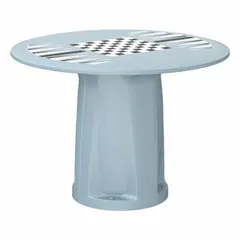 This 42-inch diameter polyethylene cylinder base table in Blue Gray is designed for commercial outdoor use. It includes a game top and accepts ballast for stability. Suitable for patios, parks, and break areas.