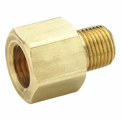 This brass 45-degree flare tube fitting adapter connects 1/4 in OD to 1/8 in OD tubing. It is flared and complies with SAE J512 standards. Used in hydraulic, pneumatic, and fluid-transfer systems to join different tube sizes.