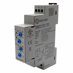 DIN rail-mounted time delay relay with adjustable timing from 0.1 seconds to 100 hours. Operates on a universal supply voltage of 12 to 240 V AC/DC. Used in industrial control panels for sequencing or delaying electrical operations such as motor start delays and conveyor sequencing.