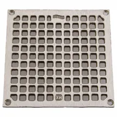 Square light-duty floor drain grate with nickel bronze finish. Overall width 6 5/8 in, overall height 3/8 in. Suitable for covering floor drains in commercial and light industrial areas to allow water passage while blocking debris.