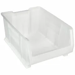This stationary plastic bin measures 16 1/2 in x 11 in with an overall length of 23 7/8 in. The clear finish allows visual identification of contents. Stacking capability enables efficient use of vertical space in workstations, warehouses, and assembly areas for organizing parts and small items.