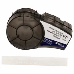 Polyester, clear (gloss) thermal transfer continuous label roll cartridge for indoor use. Measures 1/4 in x 21 ft. Compatible with BMP21-LAB printer series. Used for asset tagging, cable marking, and general industrial labeling.