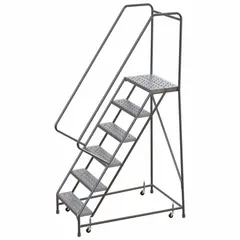 Assembled aluminum weight-actuated ladder with a 5 ft platform height. Gray perforated design with handrails included. Weight-actuated casters lock when stepped on for stability. Suitable for elevated access to storage racks, shelving, and mezzanines in warehouses and industrial facilities.