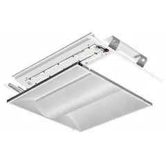 This LED center-basket troffer retrofit kit is designed to upgrade existing fluorescent troffers using T8 U-Bend lamps. It delivers 3711 lumens at 3500K color temperature, consuming 29.3 watts. The kit operates on 120/277V AC and includes an adapter for installation. Typical applications include commercial and institutional spaces such as offices, schools, and hospitals.