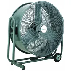 Mobile floor fan with 24-inch steel blades, 1/2 hp direct-drive motor, and 120V AC operation. Steel housing allows repositioning in warehouses, factories, and workshops for air circulation, ventilation, or drying.