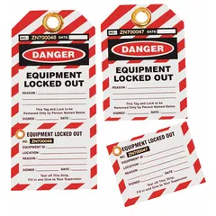 Plastic lockout tag for marking equipment under maintenance. Includes fields for date, equipment ID, location, reason, and signature. Used in industrial lockout/tagout procedures to indicate a locked-out device.