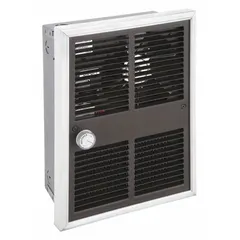 This compact recessed electric wall heater from MARKEL operates on 208V AC single-phase power. It offers selectable wattage output from 500 W to 2250 W, with a brown grille and non-programmable controls. The unit has rough-in dimensions of 12-1/8 in x 9-1/4 in x 3-5/8 in, suitable for supplemental heating in residential or light commercial spaces.