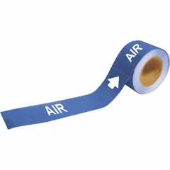 Blue adhesive pipe markers on a roll, each with blue legend 'Air' and directional arrows. Designed for pipe outer diameters from 2-1/2 to 6 inches. Each roll contains 25 markers. Used for identifying compressed air lines in industrial piping systems.