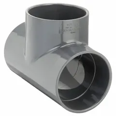 This PVC duct tee is designed for branching or splitting airflow in ventilation and exhaust systems. It connects a main duct line to a secondary run, suitable for low-pressure air handling. The fitting has an 8 5/8-inch inlet and outlet diameter and an 18 5/8-inch overall length, for use with 8-inch ductwork.