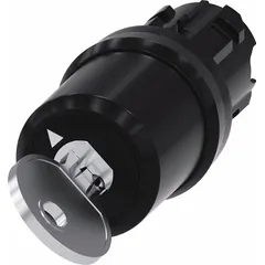 This Siemens key switch is a panel-mounted device without contacts, featuring a 2-position maintained/maintained switch action. It has a 22 mm mounting size and key removal in the left position. Typical applications include access control and operator selection in industrial automation and machinery.